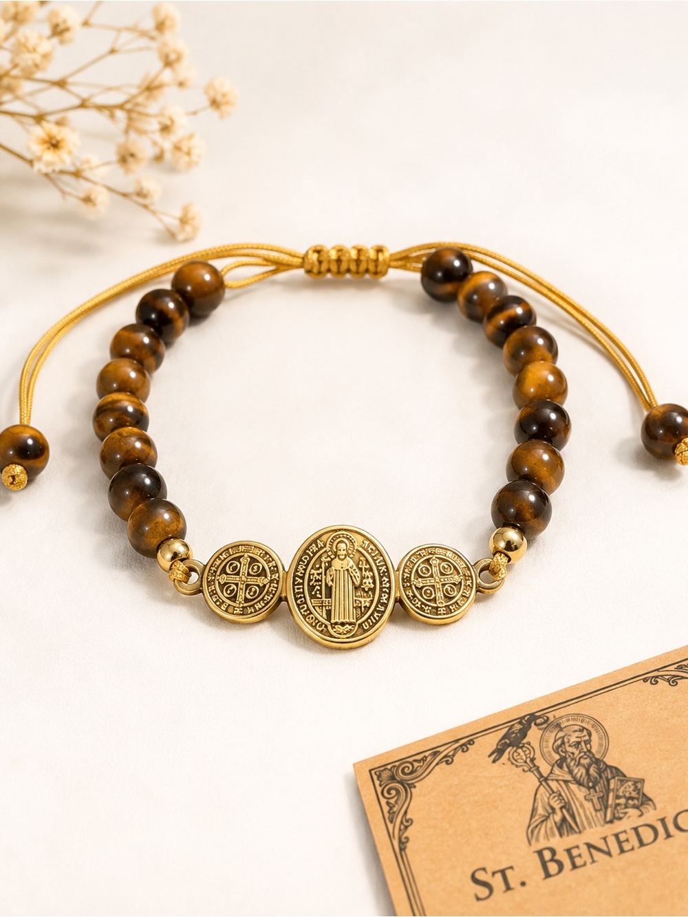 ✝️Gold and Brown Tiger Eye St. Benedict Beaded Bracelet